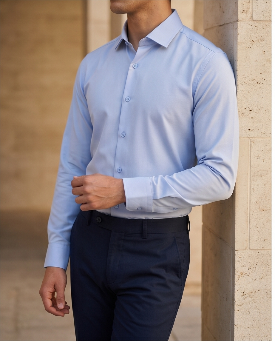 Person wearing a light blue dress shirt and dark pants against a beige wall.