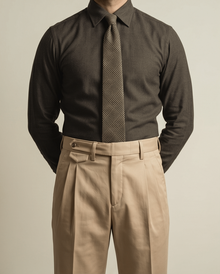 Man wearing a brown dress shirt, patterned tie, and beige pants against a neutral background