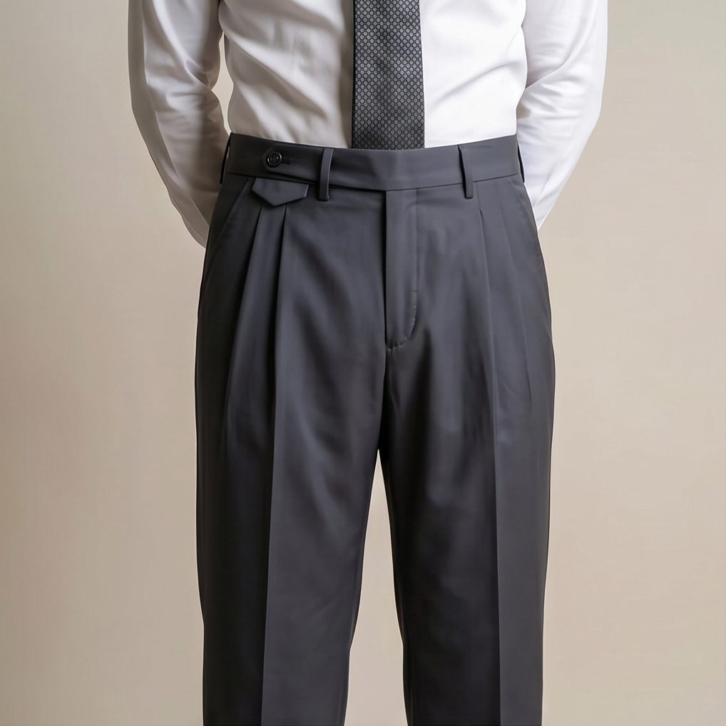 Gray pleated pants worn with a white shirt and patterned tie on a beige background