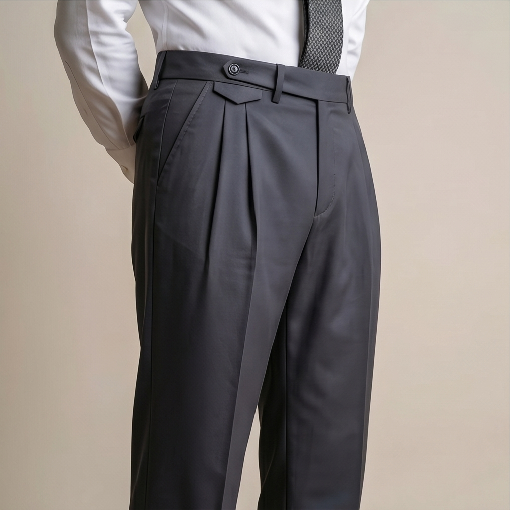 Dark gray pleated pants worn with a white shirt and suspenders on a beige background
