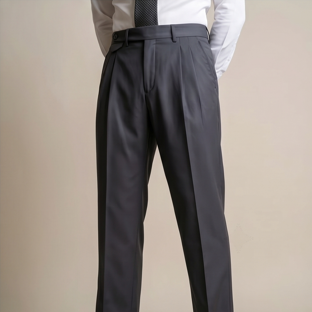 Gray pleated pants worn by a person on a beige background