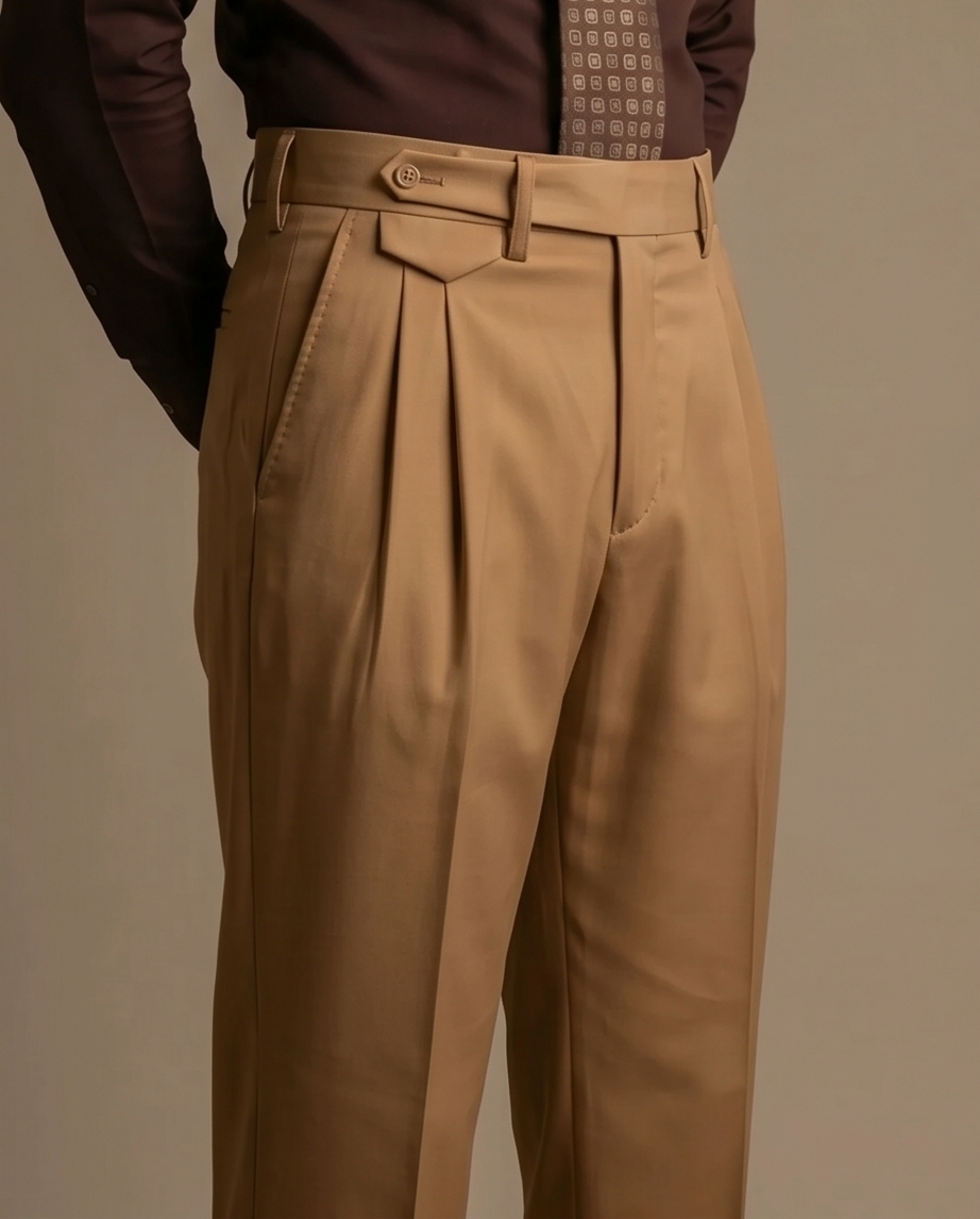 Tan pleated pants worn by a person on a plain background